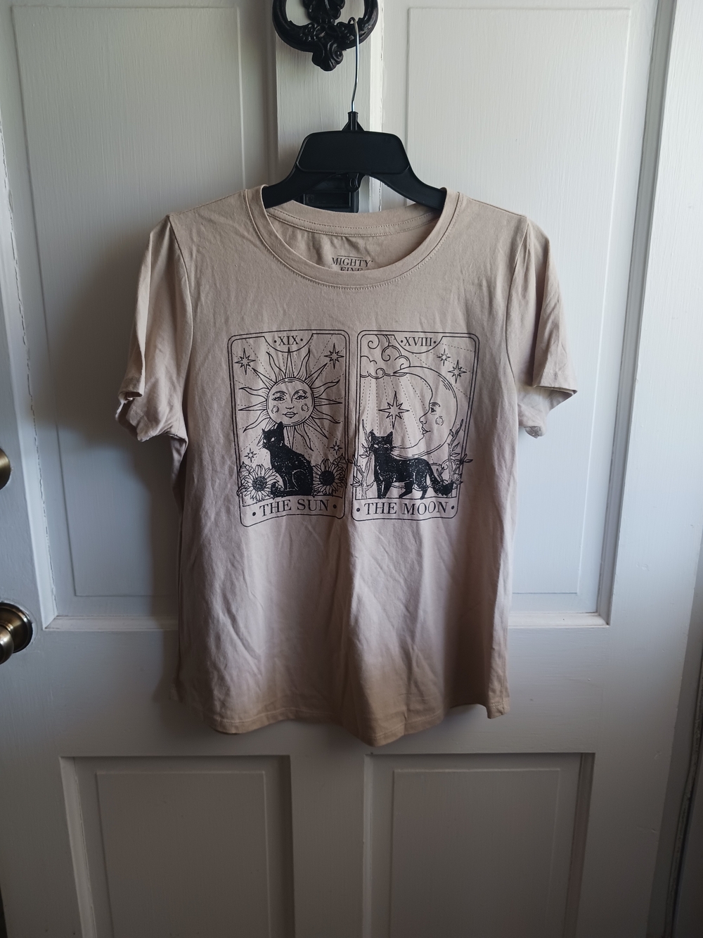 Mighty Fine Beige Tan 'The Sun & The Moon' Cat Tarot Graphic Tee Size Small Boho